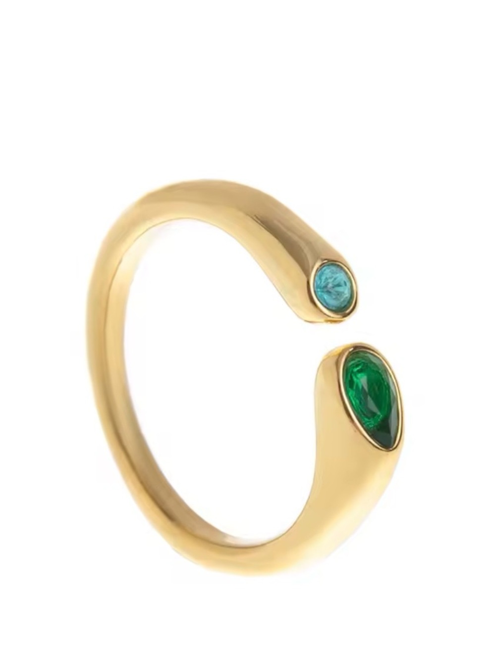 18K Gold Plated PVD Adjustable Open Ring with Lab Emerald and Aqua Marine Stones